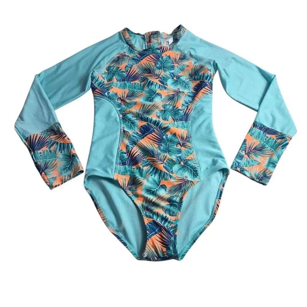 Art Class one-piece swimsuit tropical leaf print longsleeve cuffs L10/12